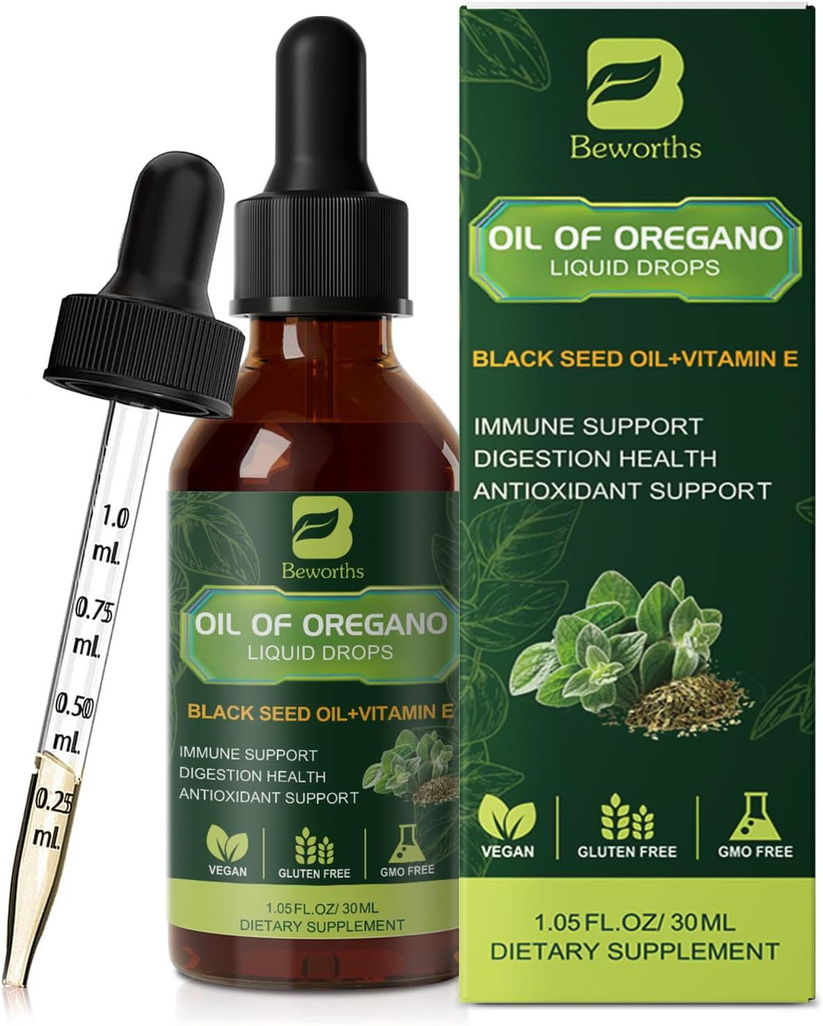 B BEWOTHS Organic Oregano Oil Drops | Oil of Oregano with Black Seed Oil, Vitamin E, 80% Carvacrol Oregano Drops for Immune, Antioxidant, Gut Detox Cleanser Support - Non-GMO, Vegan (240-day Supply)