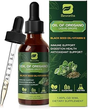 Oregano Oil Drops, Oil of Oregano with Black Seed Oil, Vitamin E, 80% Carvacrol Oregano Supplement Herbal Blend for Immune & Antioxidant Support, Digestive, Overall Health | Vegan | Non-GMO | 1 Fl Oz