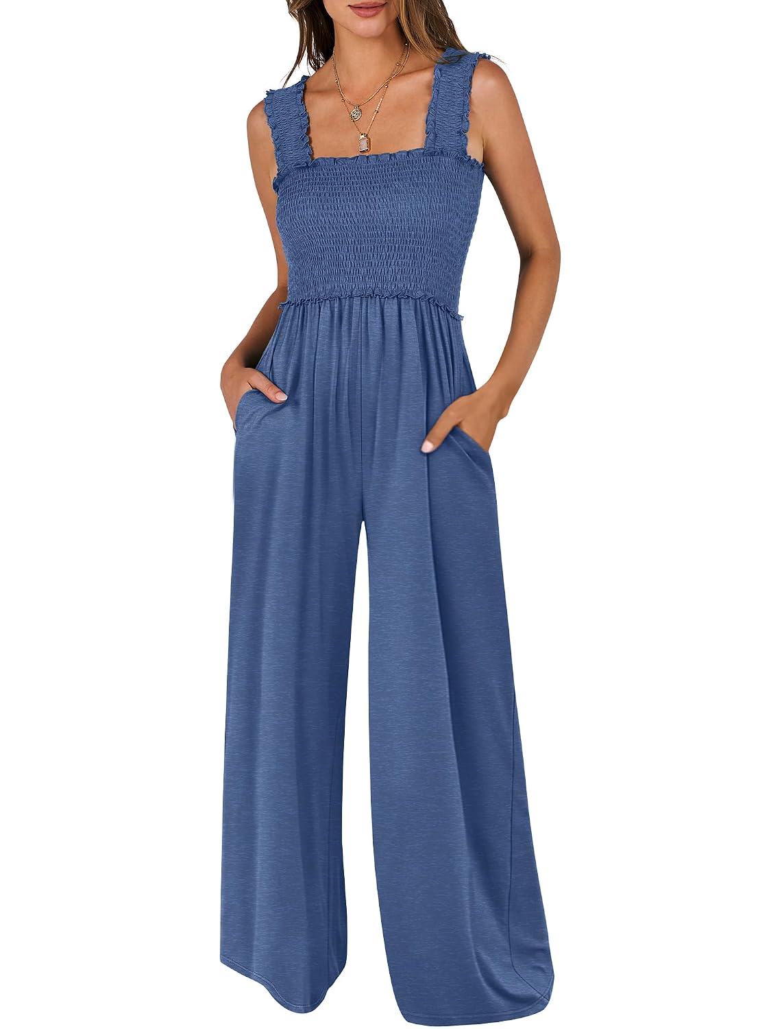 ANRABESS Smocked Sleeveless Wide-Leg Romper - Image 9