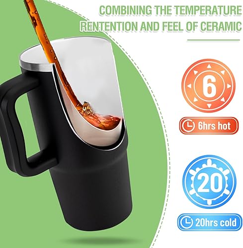 Miniatura 2 de Zukro Taza de 24 oz con revestimiento de cerámica con asa y popote, sin sabor metálico, taza de café de acero inoxidable aislada con tapas a prueba