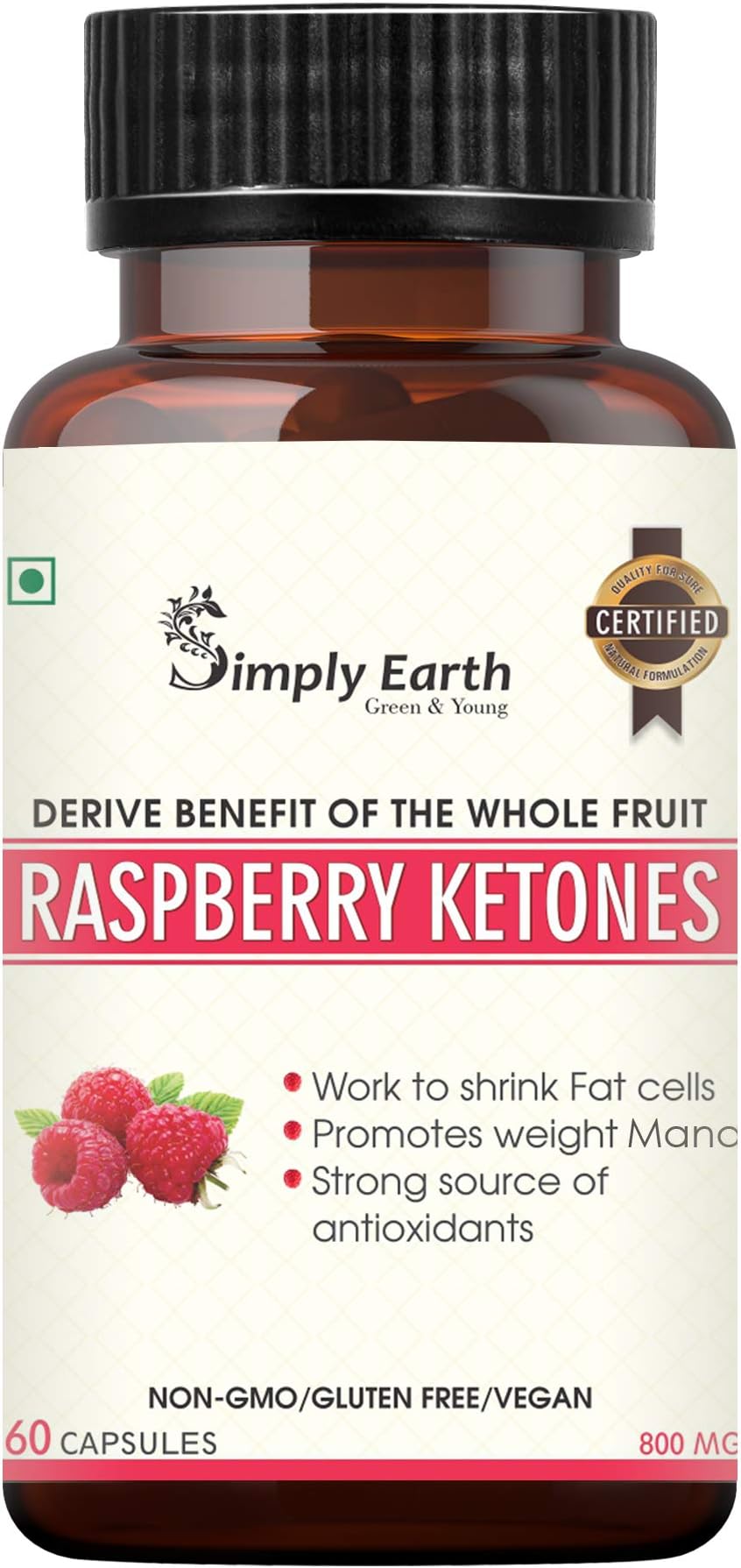 Simply Earth Plant based Raspberry Ketones Plus fat burner with Garcinia cambogia and Green Tea Extract | Natural Weight management formula | 800 MG | 60 Veg Capsules