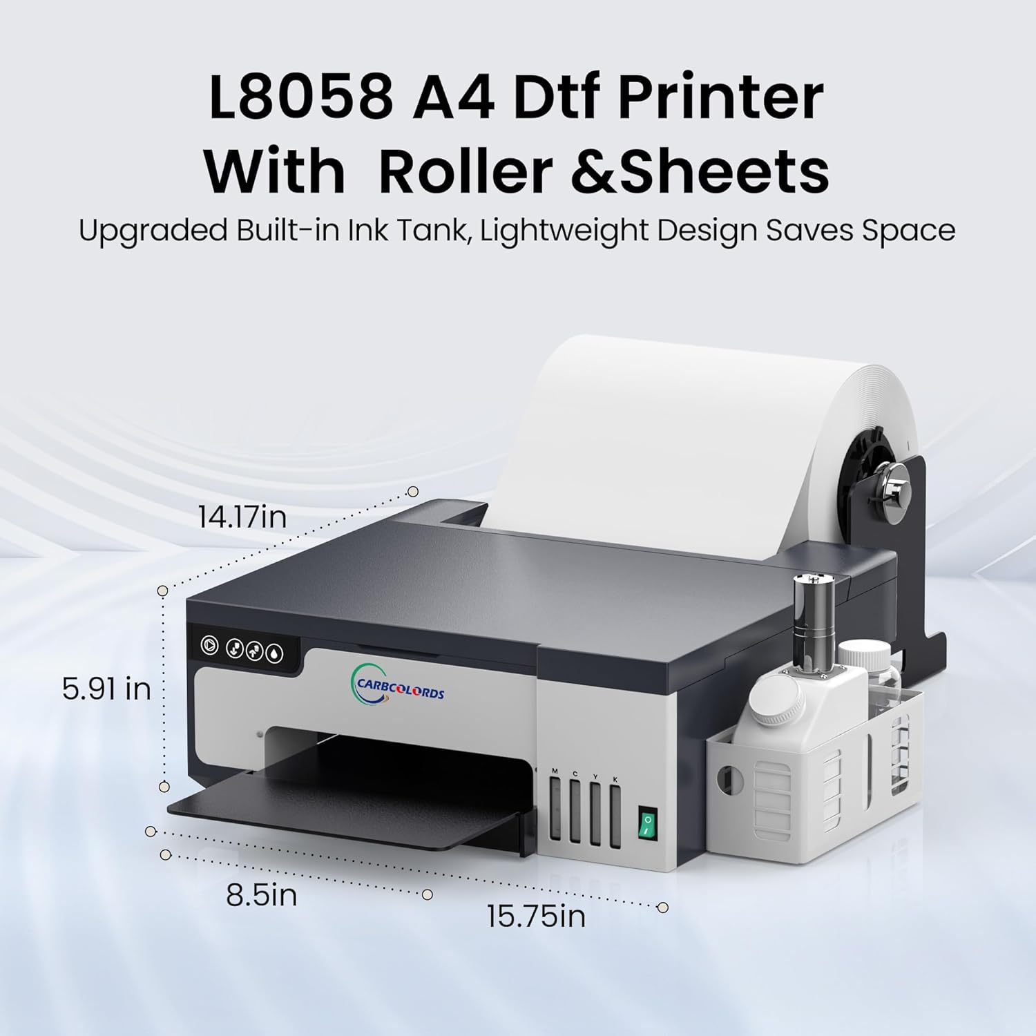 DTF Printer A4 High-Speed Transfer Machine with White Ink Mixing System and Roll Feeder for DIY T-Shirts(DTF Printer+6 * 250ml Ink+Roll Films+DTF Powder)
