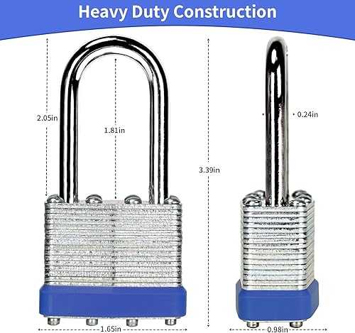 Miniatura 2 de LQYN Candado laminado con llave (1-916 pulgadas, 1.575 in), cerraduras iguales con llave, aro azul, grillete largo, paquete de 60, cerradura para
