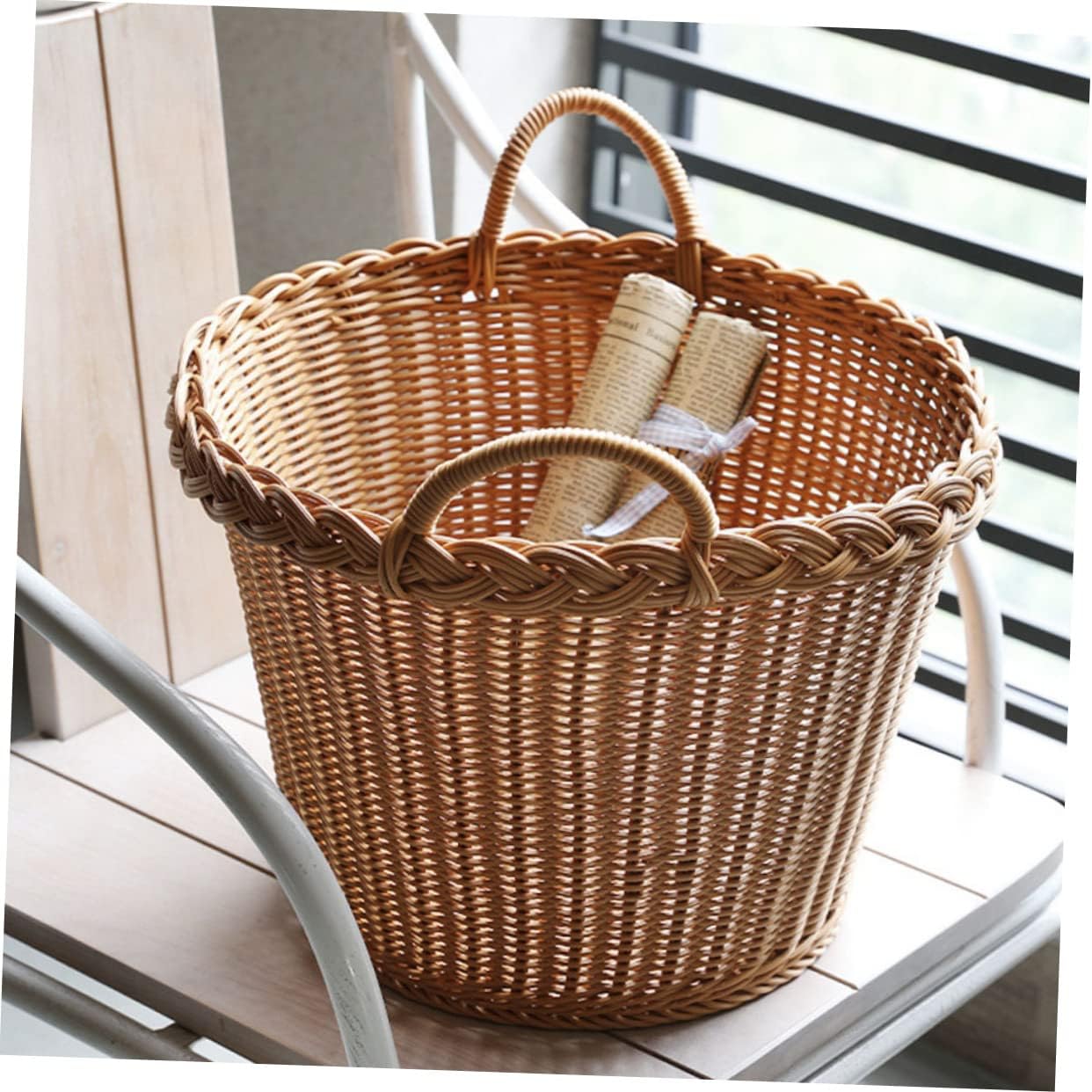Simulated Rattan Woven Dirty Clothes Hamper Basket Multipurpose Laundry Storage Bin with Handle Japanese Style Lightweight Laundry Basket for Home Use and Easy to Carry