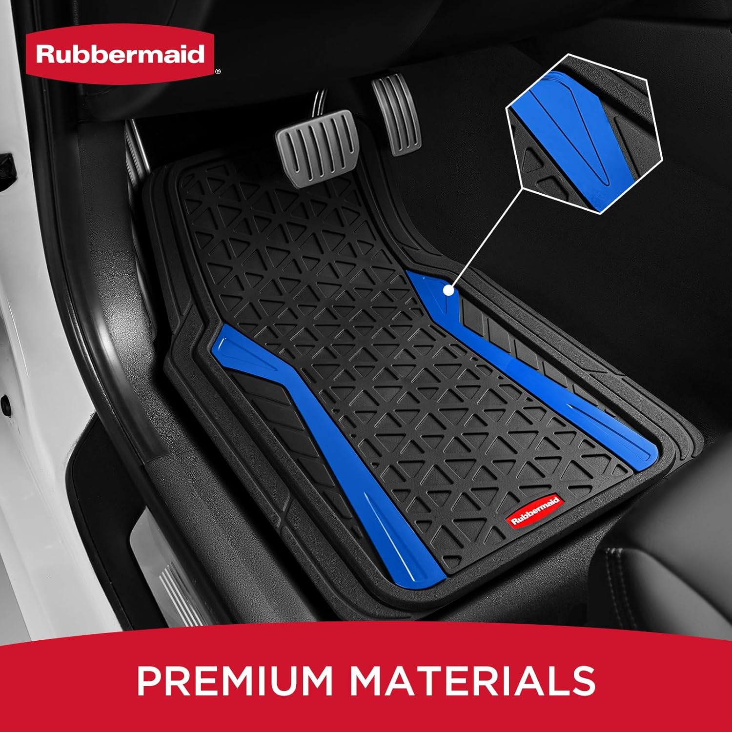 Rubbermaid Car Floor Mats Full Set, Premium Heavy Duty All-Weather Car Mats– Rugged Rubber with Brushed Aluminum Inserts, Universal Trim-to-Fit, Anti-Slip Backing for Cars, SUVs, Trucks & Vans - Blue - Image 2