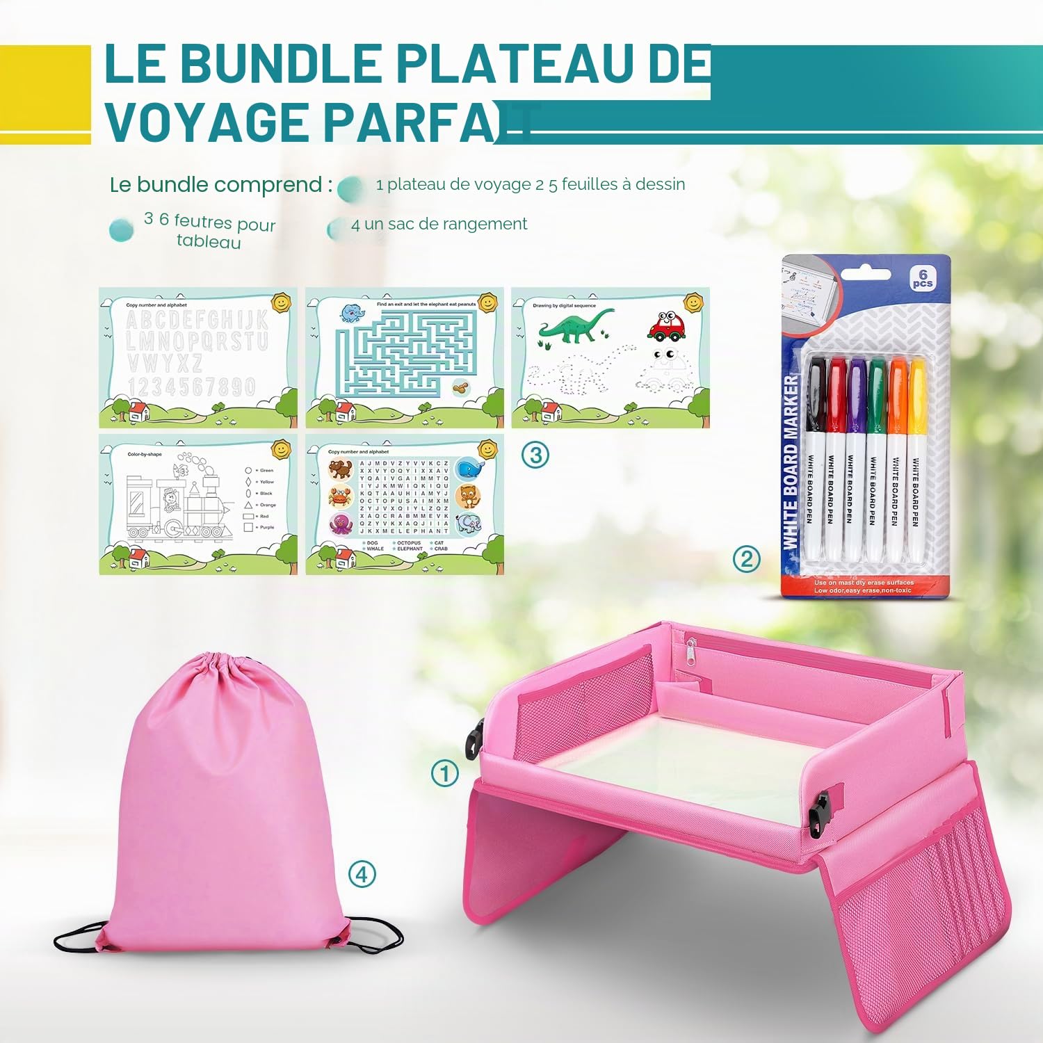 lenbest Plateau de Voyage Enfants, Jouet Créatif D'apprentissage Intérieur pour Accueil École, Planche à Dessin avec 1 Film Transparent de Peinture + 5 Papier à Dessin + 6 Crayons de Couleur (rose)