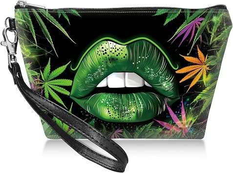 Travel Makeup Bag with Detachable Wrist Strap, Green Lip Weeds Stocking Stuffers for Teen Women Toiletry Storage Bag Water Resistant Portable Change Coin Small Purse Zipper Pouch