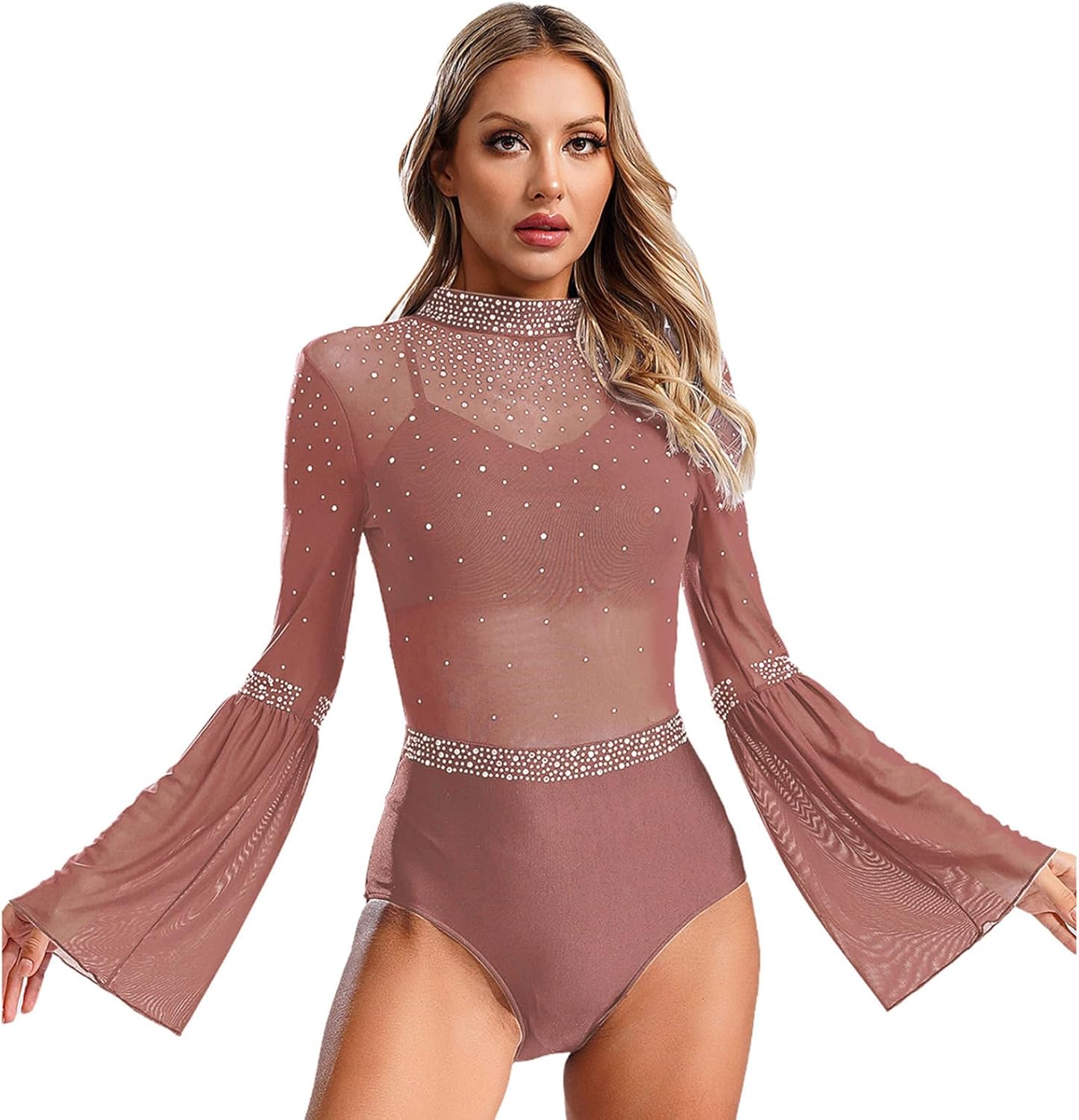 Linjinx Womens Figure Skating Rhythmic Gymnastics Performance Costume Flare Sleeve Rhinestone Ballet Dance Leotard
