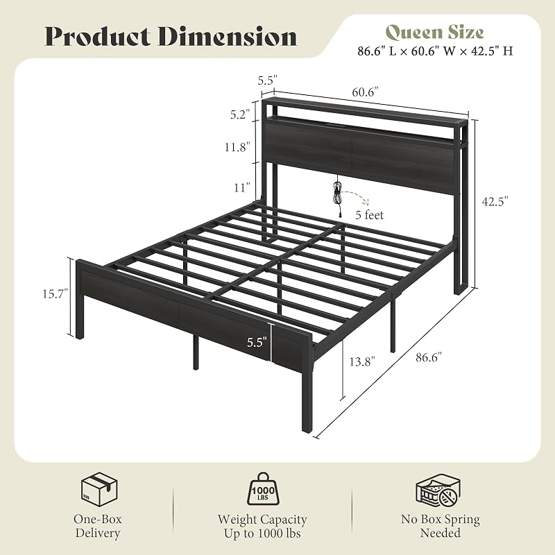 AMERLIFE Queen Size Platform Bed Frame with Charging Station image 2