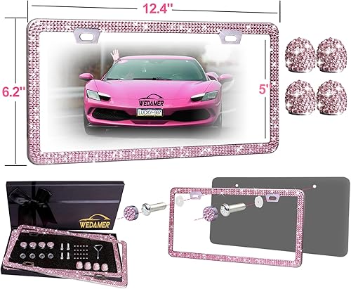 Miniatura 7 de Marco de matrícula rosa brillante para mujer, marco de matrícula con diamantes de imitación brillantes, marcos de matrícula con purpurina