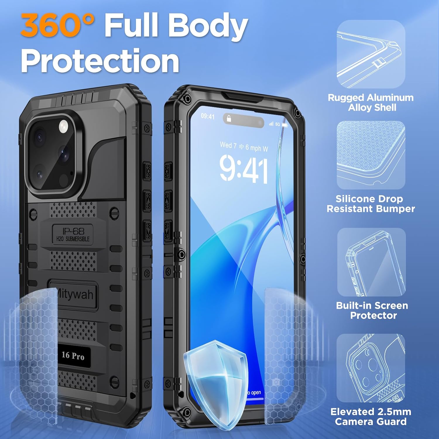 Mitywah Waterproof Case for iPhone 16 Pro, Shockproof Heavy Duty Case with Built-in Screen Protector, Underwater Full Body Protective Metal Case 6.3 inch, Black - Image 5