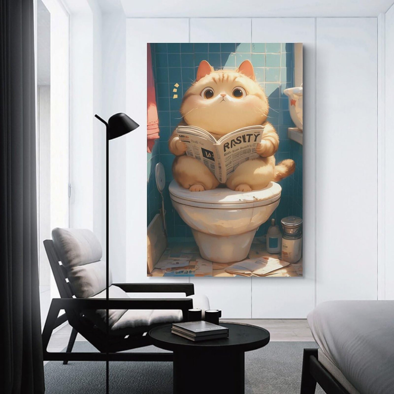 Junmoney Chubby Cat Toilet Reading Wall Picture Print 16x24inch(40x60cm), for Home Walls, Creative Rooms Or Shared Spaces, Stylish Home Artwork for Focal Walls