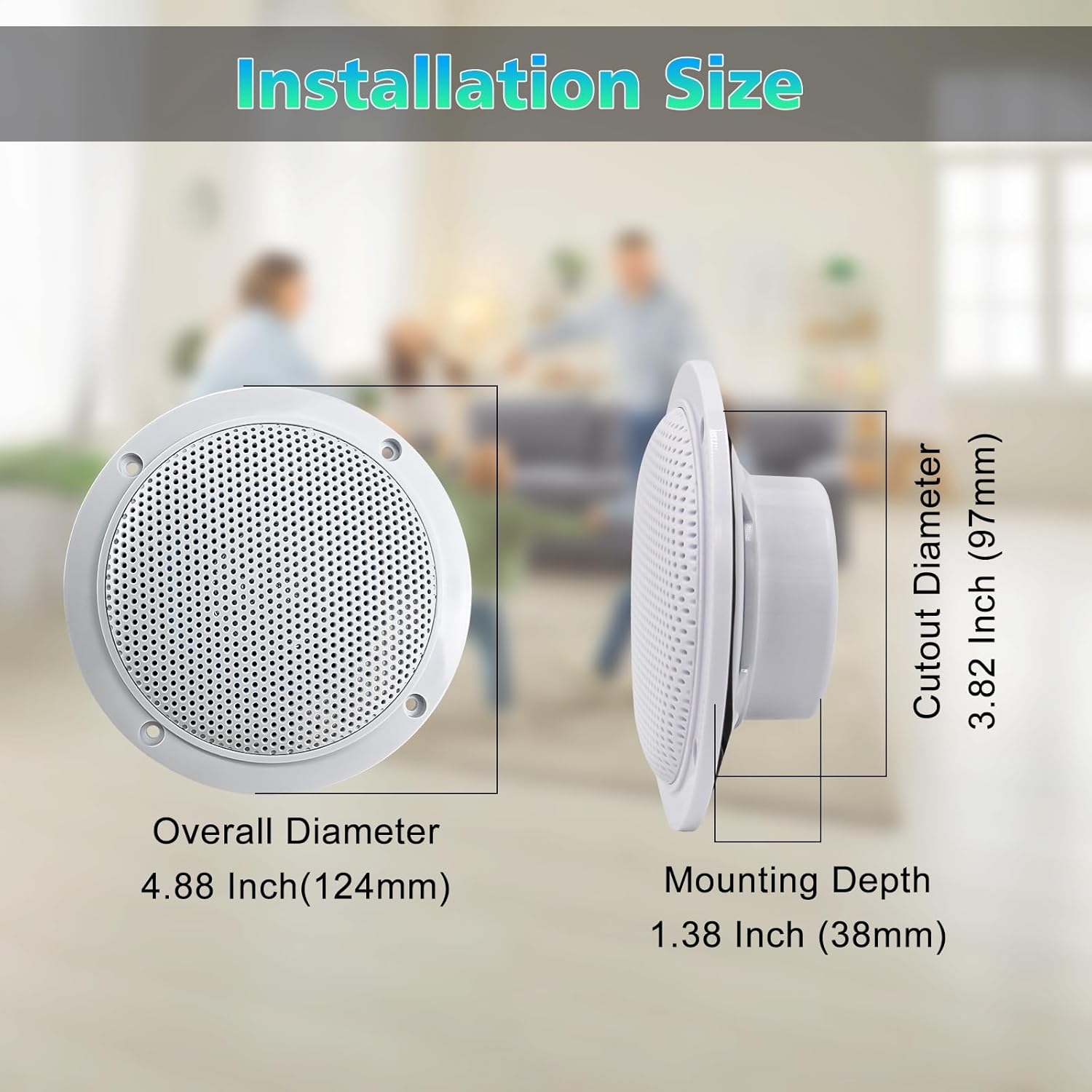 Diagram illustrating the installation dimensions of the STUDIOFINIX speaker, showing overall diameter, cutout diameter, and mounting depth.