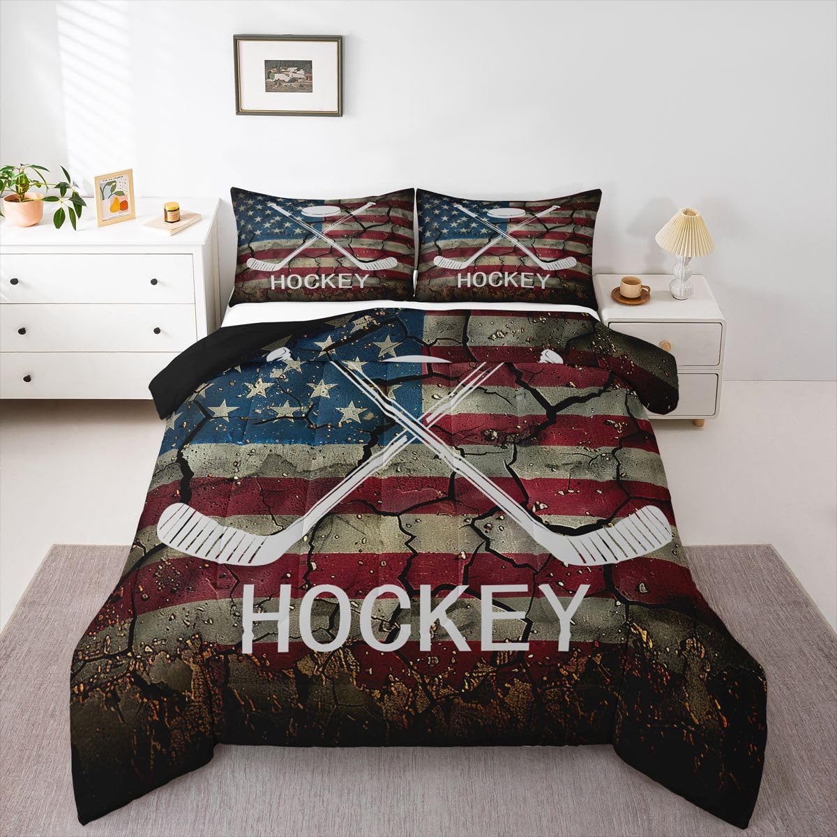 Erosebridal Ice Hockey Bedding Set Queen Size, American Flag Comforter Set for Kids Boys Teens, Hockey Sports Game Duvet Insert United States