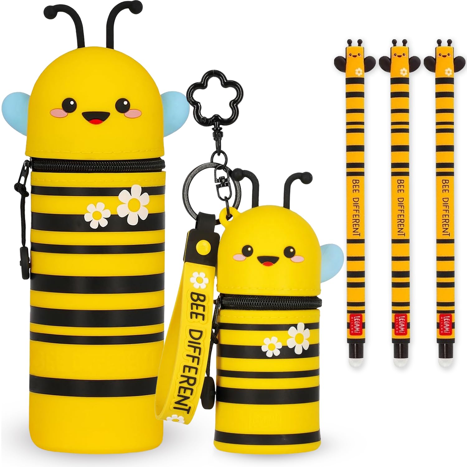 LEGAMI Set of 3 Erasable Gel Pens + 2-in-1 Kawaii Pencil Case + Coin Purse Key Chain Gift Set | Cute Fun Animal Theme Designs (Bee)