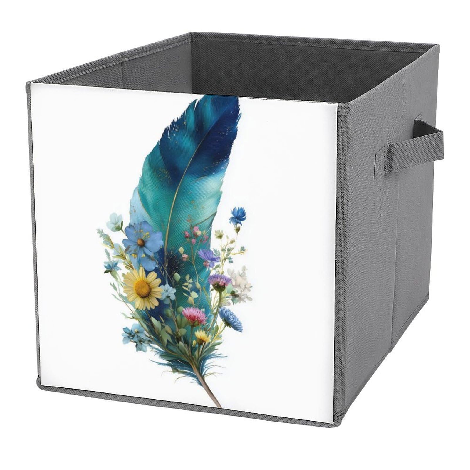 Jubonexis Watercolor Feather with Wildflowers Cube Storage Bins Storage Cubes Foldable Decorative Fabric Storage Baskets Home Organizers with Handles for Shelves,Closet, 27x27 CM