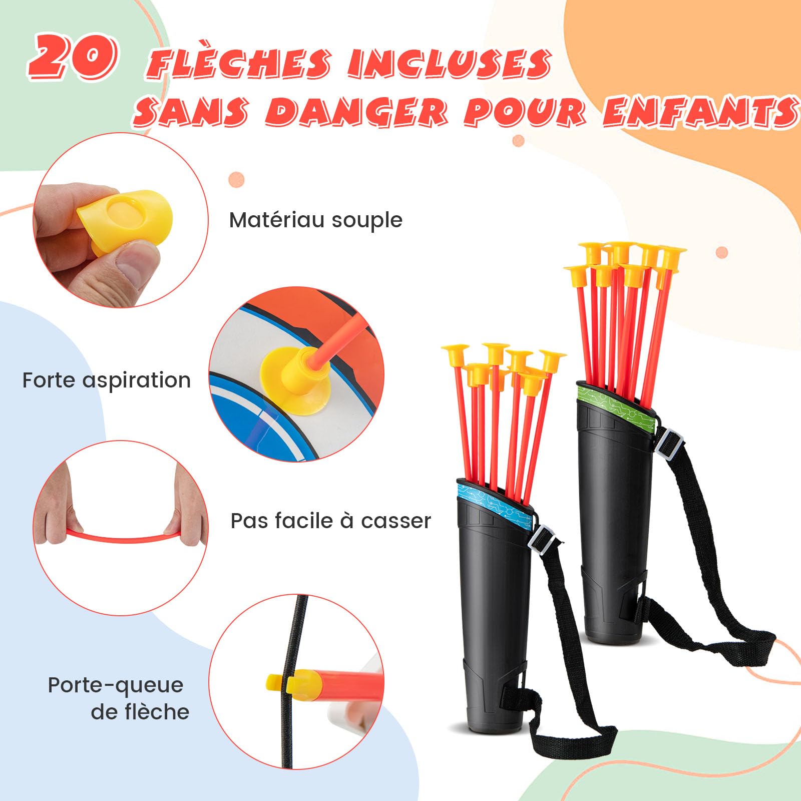 GOPLUS Arcs et Flèches Enfants, Ensemble Tir à l'arc à LED avec 20 Flèches à Ventouse, 2 Carquois, Cible détachable, Jeu de Tir Intérieur Extérieur pour Garçons et Filles 3 à 12 Ans