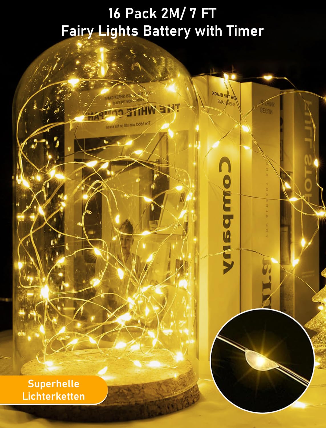 Bzavor 16 pezzi catena luminosa a batteria timer 2 m 20 catena luminosa con timer, IP44, catena luminosa natalizia con batteria, filo di rame, catena luminosa interna per Natale, decorazione interna