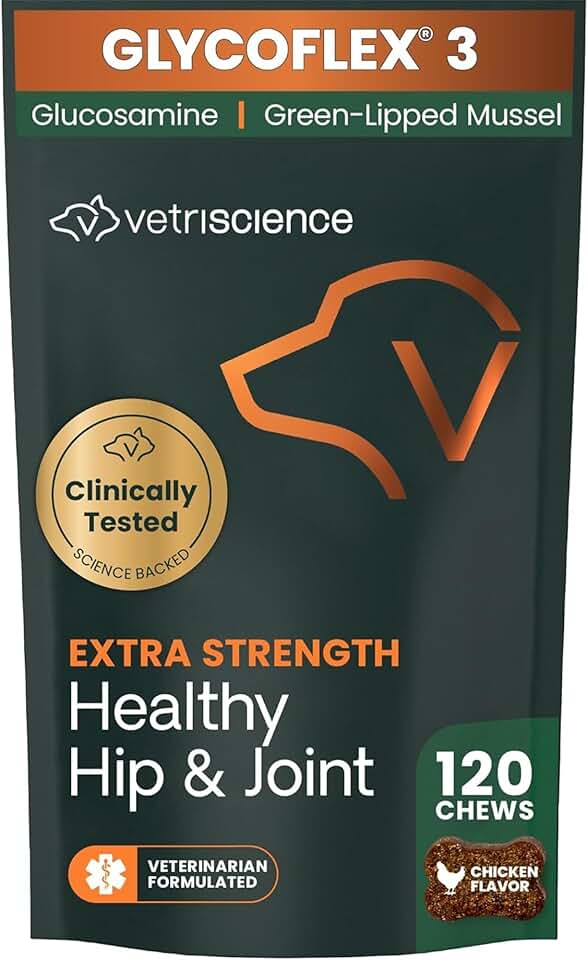 VetriScience 特強健康髖關節和關節咀嚼片，GlycoFlex 葡萄糖胺和綠唇貽貝關節支持補充劑，適合狗，促進活動能力並舒緩關節不適，雞肉，120 片