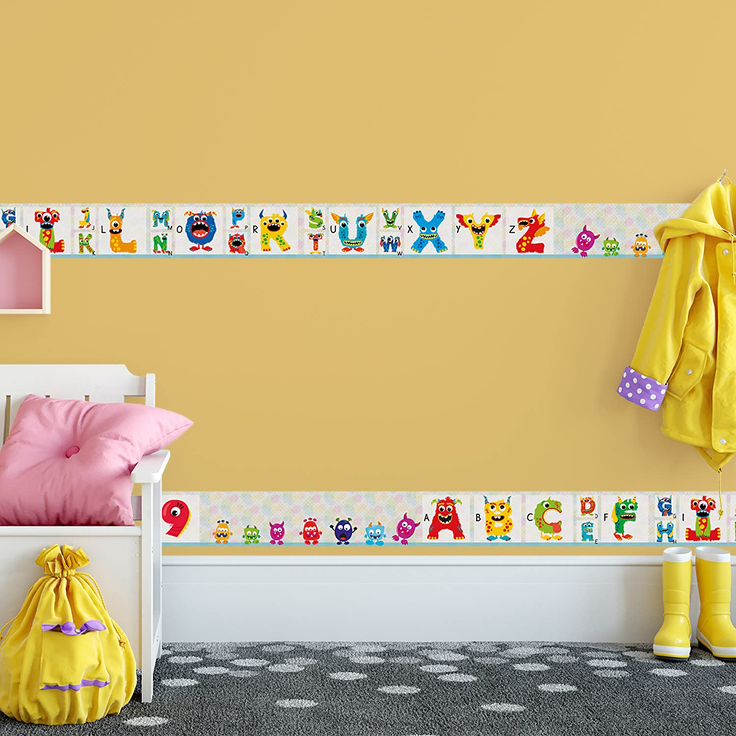 Wandbordüre Monster Tapetenbordüre Vlies Kinderzimmer 400x12 cm | Monster Bordüre aus Tapetenvlies für Kinderzimmer Babyzimmer Spielzimmer einfach mit Vliestapetenkleister anbringbar