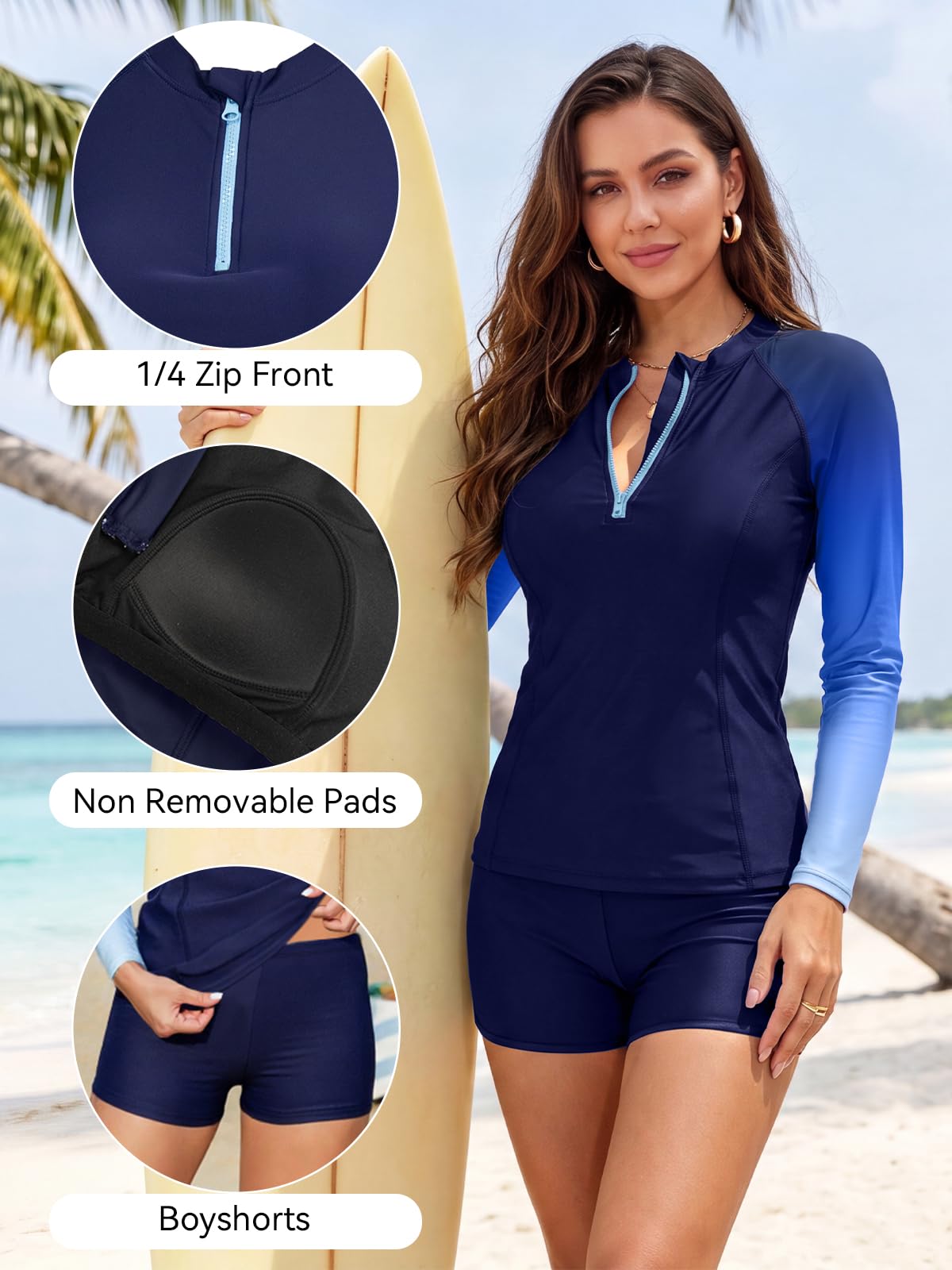 SHEKINI Camiseta de natación de dos piezas para mujer, manga larga, cremallera de 1/4 y pantalones cortos, protección solar modesta, traje de baño deportivo