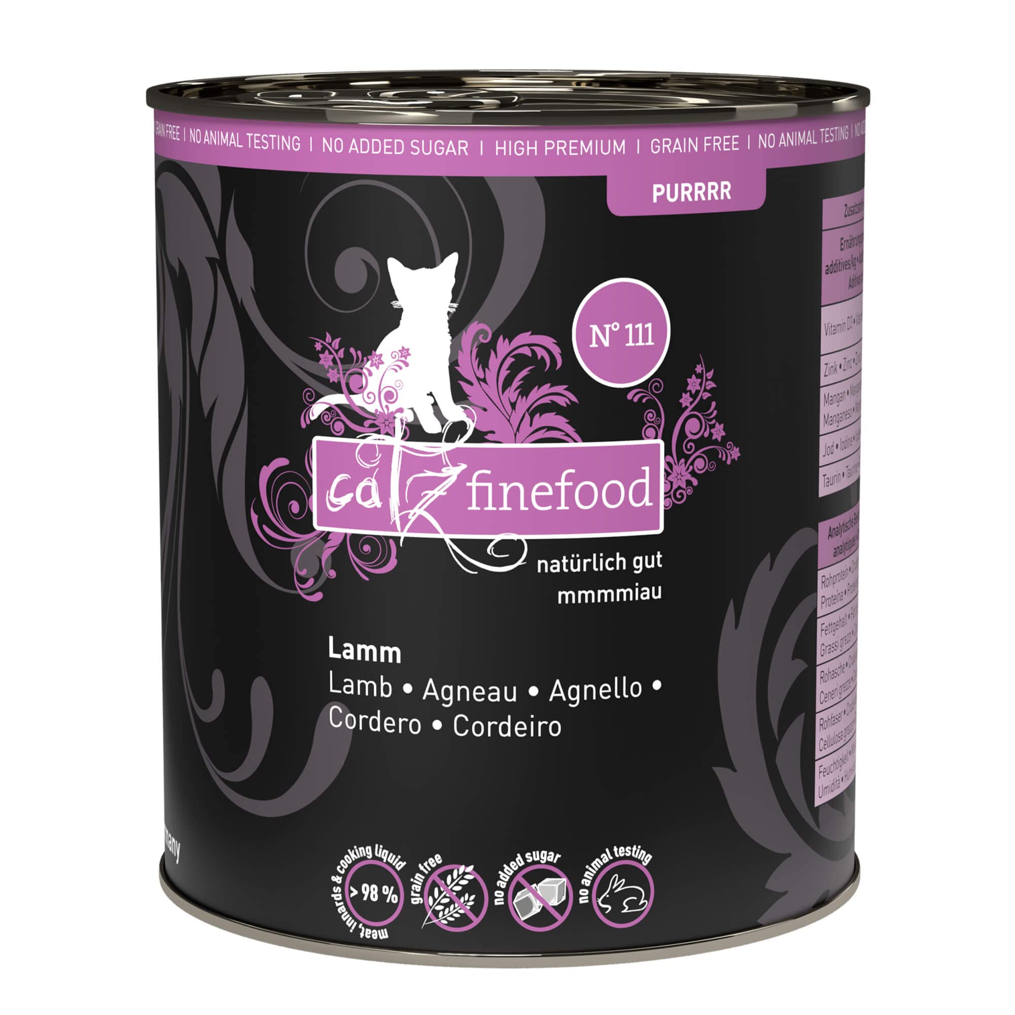 catz finefood Purrrr Lamm Monoprotein Katzenfutter nass N° 111, für ernährungssensible Katzen, 70% Fleischanteil, 6 x 800 g Dose