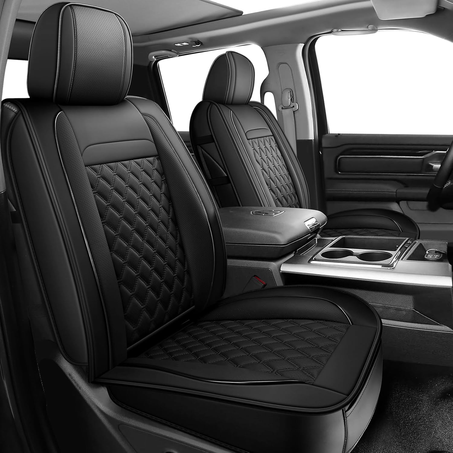 Dodge Ram Seat Covers, Waterproof Leather Ram Seat Cover Compatible with 2009-2026 RAM 1500 2500 3500 Truck Pickup Crew Cab Quad Cab (Black Brown, Front Pair)
