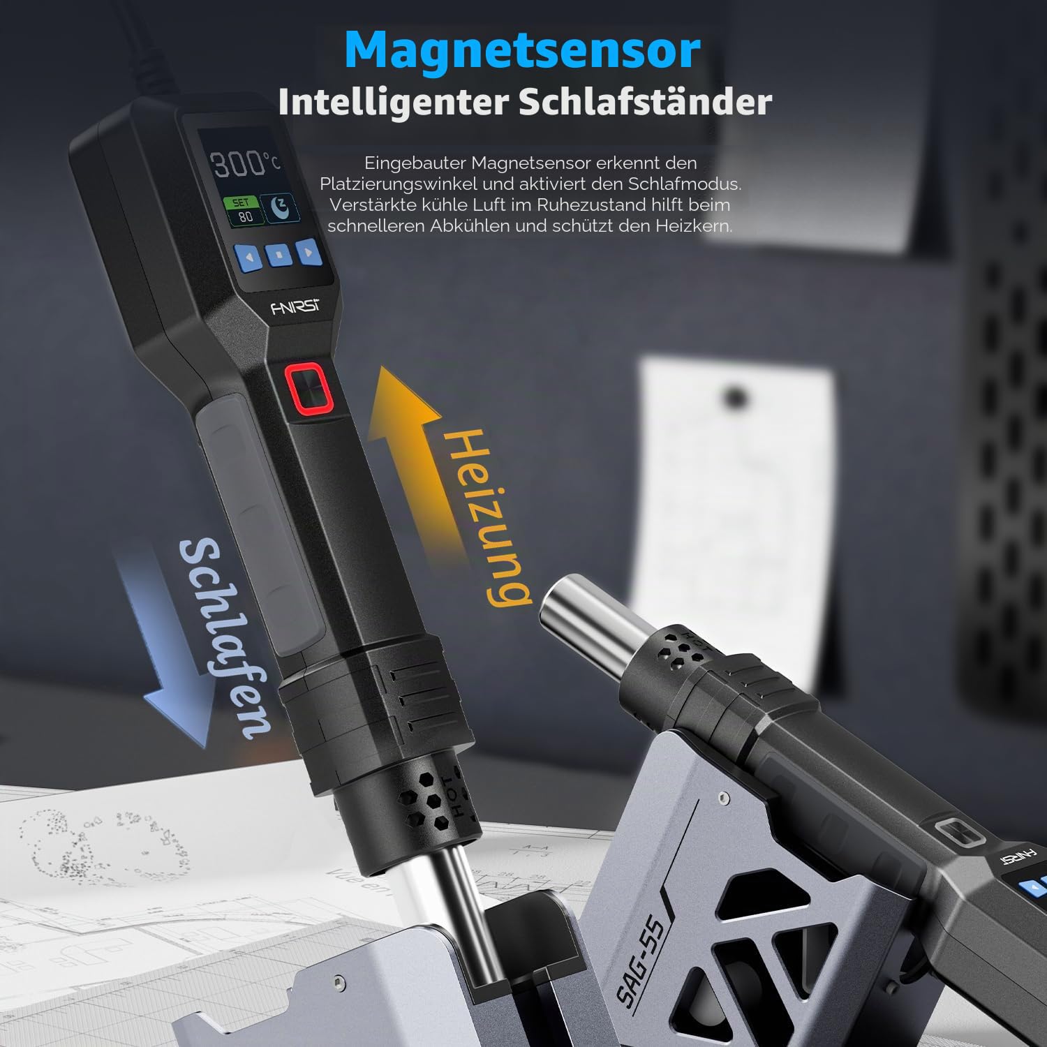Mini Heißluftfön, SAG-55 Hochtemperatur-Heißluftpistole 550W Tragbare Kleine Handentlötstation,100°C - 450°C Einstellbar,Präzise PID-Temperaturregelung,Geräuscharm,20 Windgeschwindigkeiten Einstell