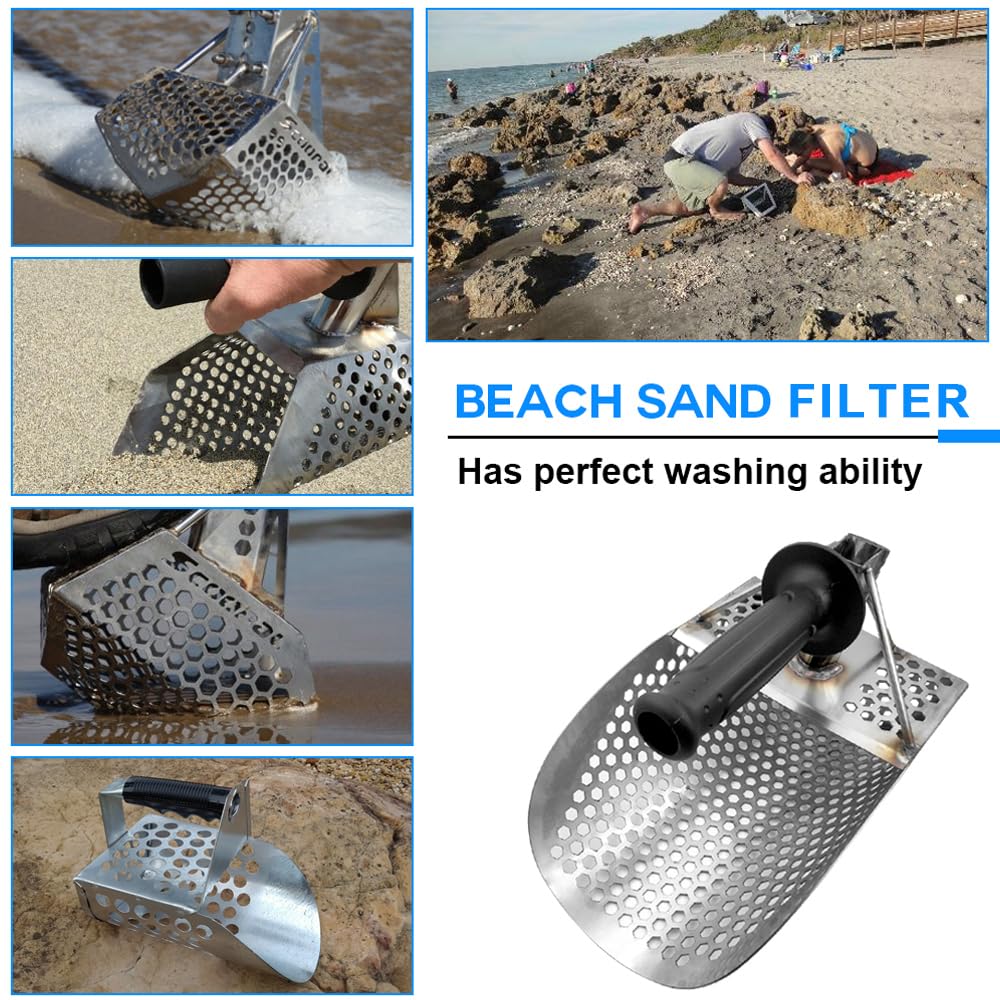 Escavatore di sabbia per metal detector Pala da spiaggia in acciaio inox con manico Metal Detector Pala di sabbia Strumenti di setacciatura e scavo di sabbia da spiaggia antiruggine