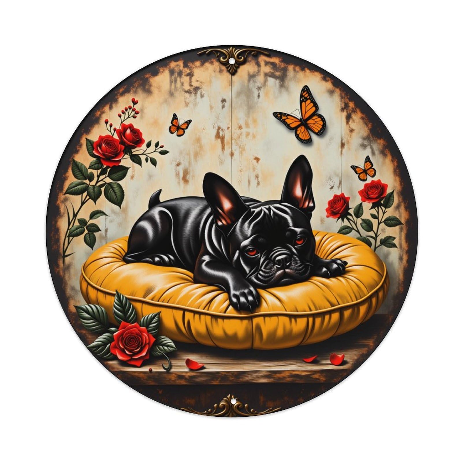 Black Dog On Cushion With Roses And Butterflies Metal Tin Sign Plaque