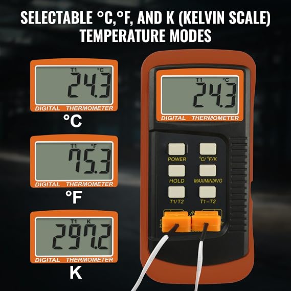 Digital K-Type Thermocouple Thermometer with Dual Channels 4 Thermocouples High Accuracy Temperature Kelvin Scale Dual Measurement Meter Sensor,50~1300°C (-58~2372°F) for High Temperature