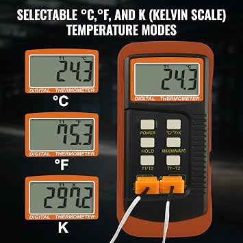 Digital K-Type Thermocouple Thermometer with Dual Channels 4 Thermocouples High Accuracy Temperature Kelvin Scale Dual Measurement Meter Sensor,50~1300°C (-58~2372°F) for High Temperature