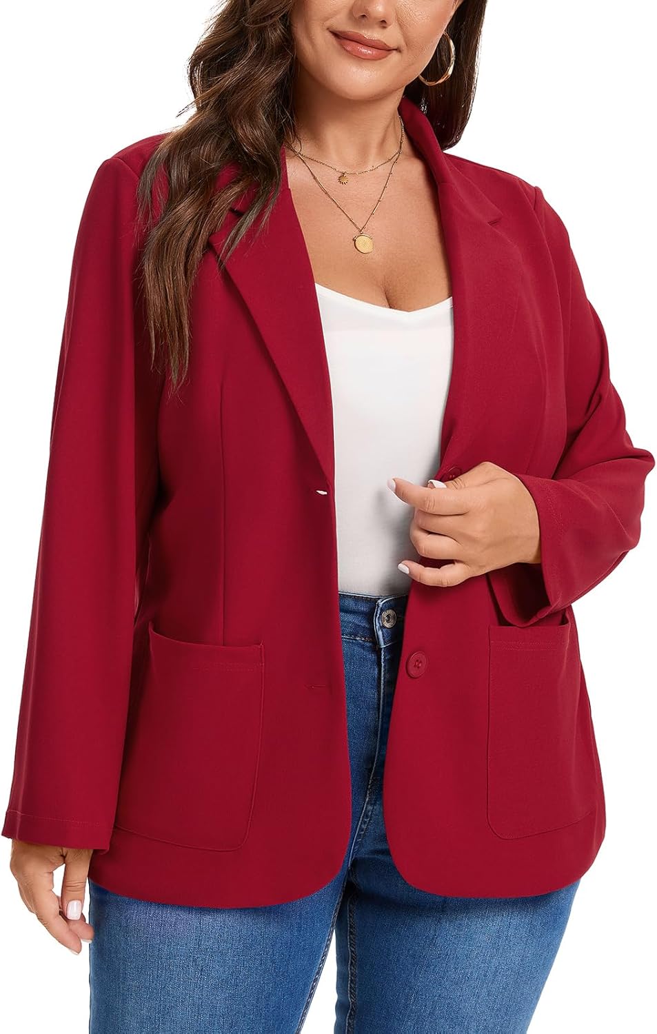 MINTLIMIT Women's Suits & Blazers Plus Size Long Sleeve Two Button Suit Jacket Solid Stretchy Blazer with Pockets,Red,2XL - Image 2
