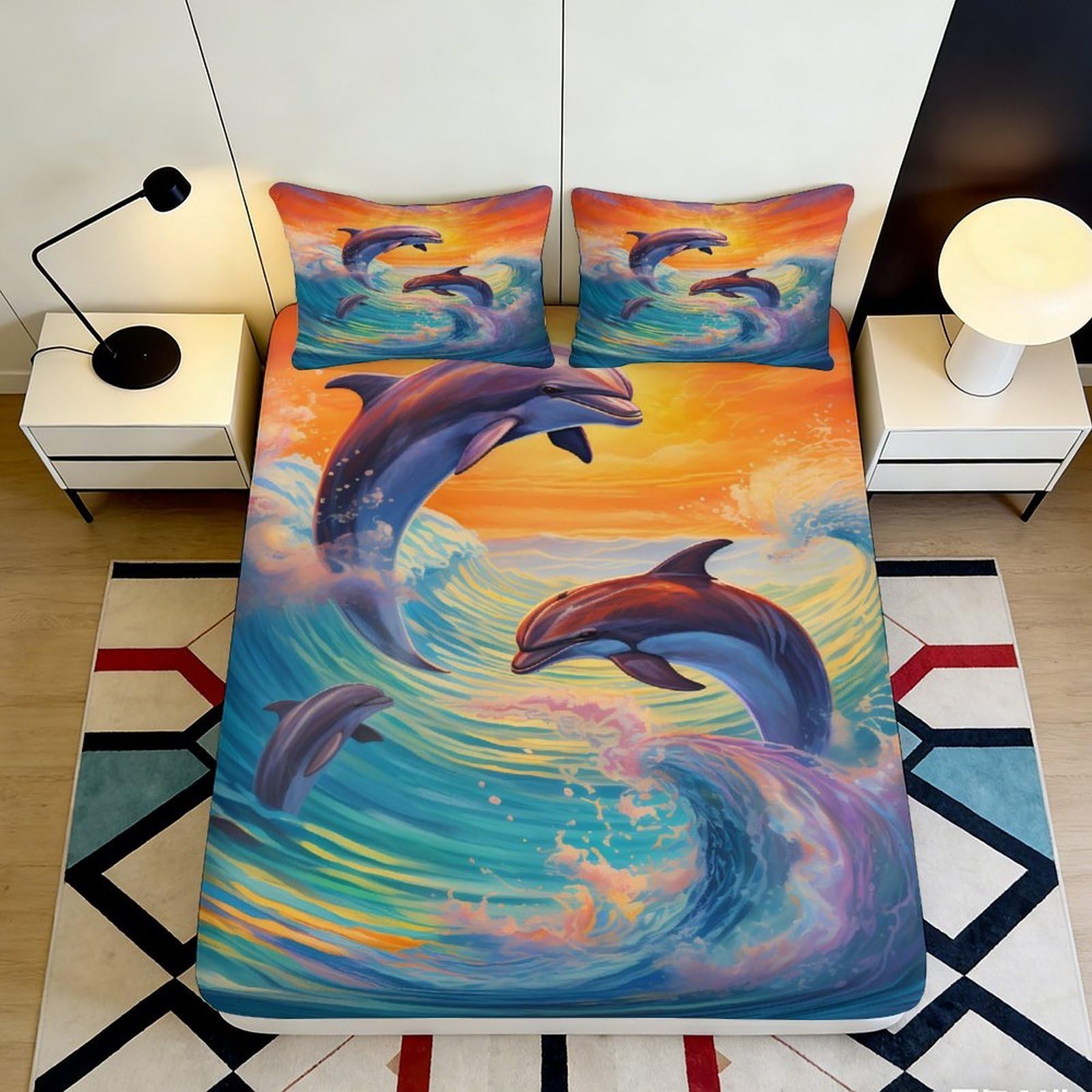3D Printed Dolphin Ocean Fitted Sheet Microfiber Vibrant Sunset Mattress Cover for Bedroom Guest Room Decor 90x200x25cm