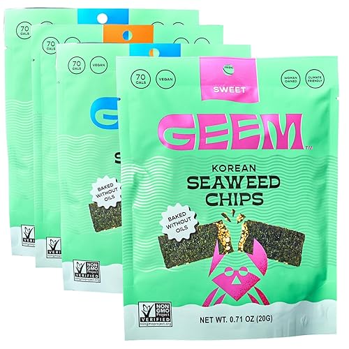 GEEM Snacks de algas marinas, chips de algas coreanas con patatas fritas de arroz y sésamo, aperitivo crujiente, sin aceite, vegano, sin OMG, ideal