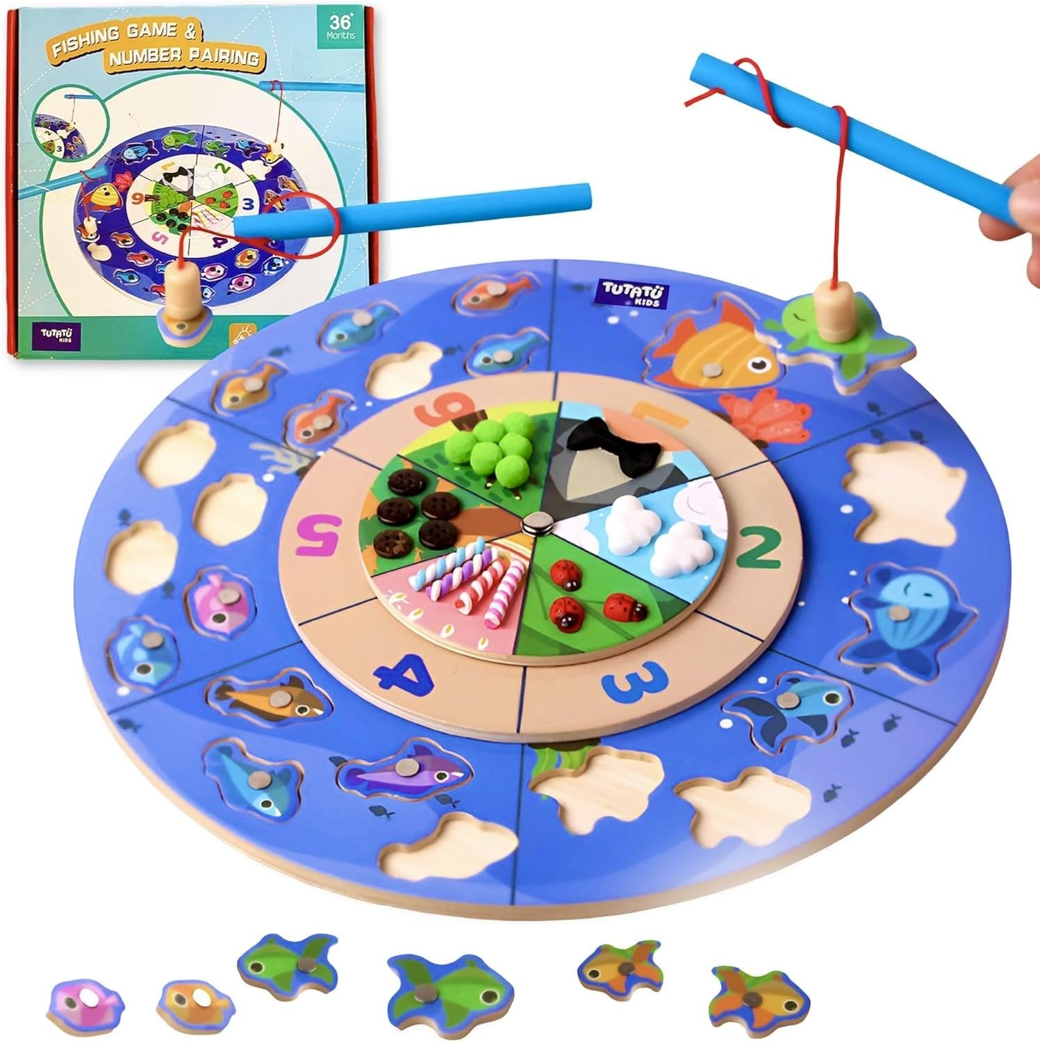 TUTATU Wooden Magnetic Fishing Game for Toddlers, Educational Number Pairing Toys for Kids 3 4 5, Montessori-Inspired Learning with Rotating Numbers & Fish, Fine Motor Skill Development Gift