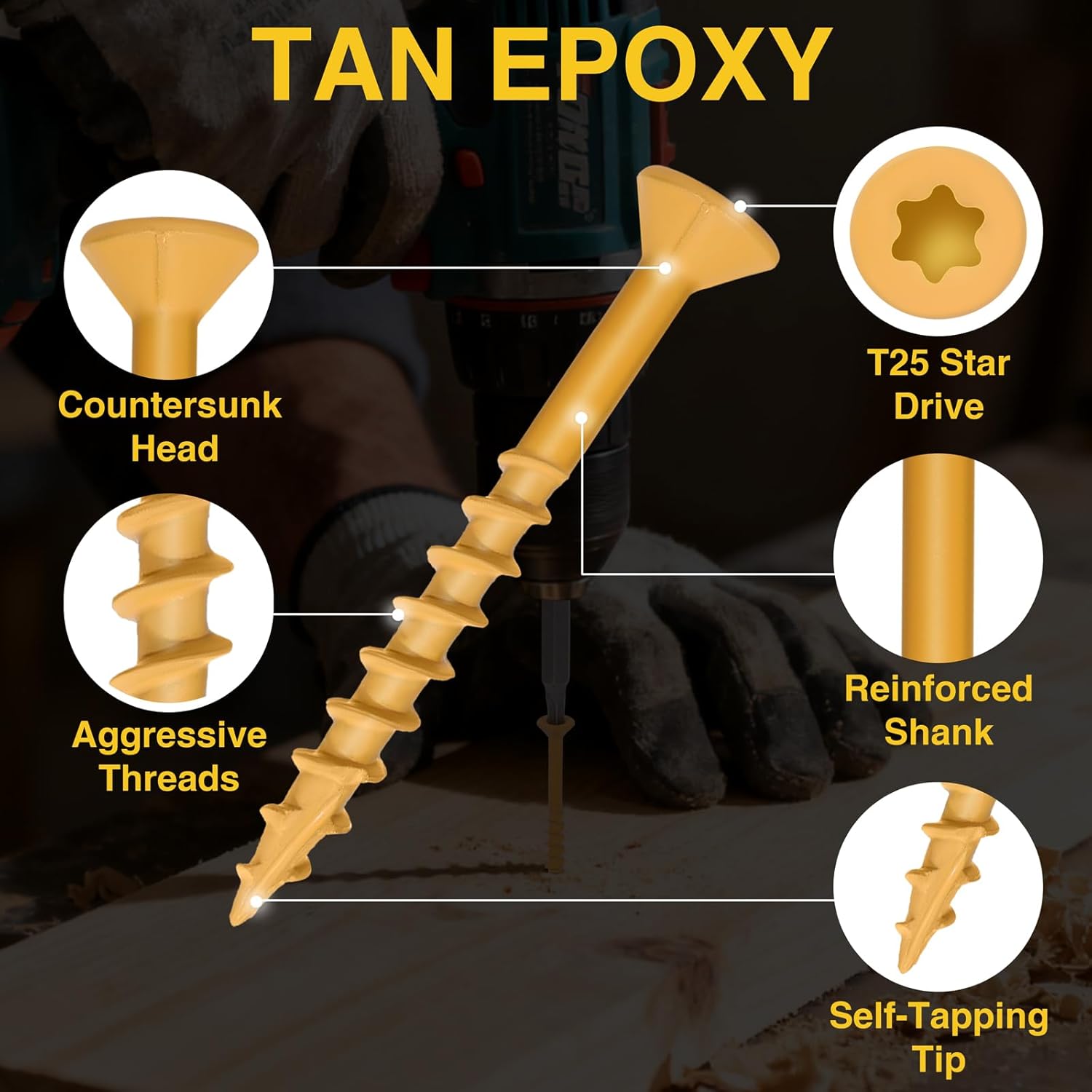 500Pcs Wood Screws 1-1/2 Inch - Deck Screws #8 x 1-1/2'' Torx Drive Exterior Screws, Tan Epoxy Coated for Superior Rust Protection, Outdoor Decking Screws T20 Bit for Fence＆Wood Construction