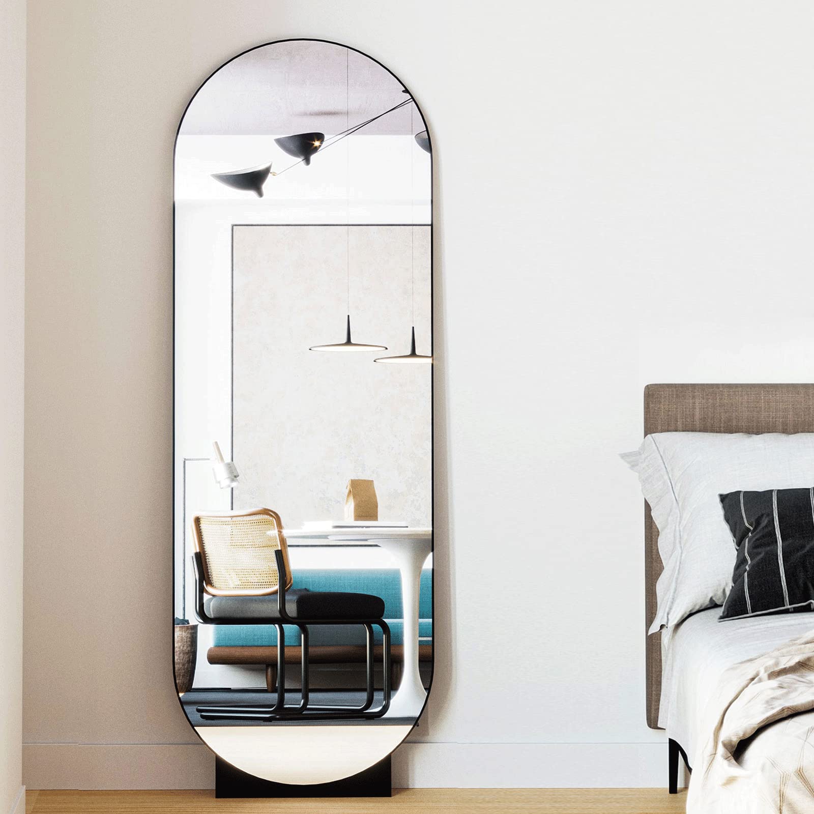 BEAUTYPEAK Floor Length Mirror 22" x 65" Oval Irregular Floor Length Mirror w/Bracket and Anti-Slip Pads Button for Free Standing, Hanging, Leaning, Wall Mirror for Living Room, Entryway (Black)