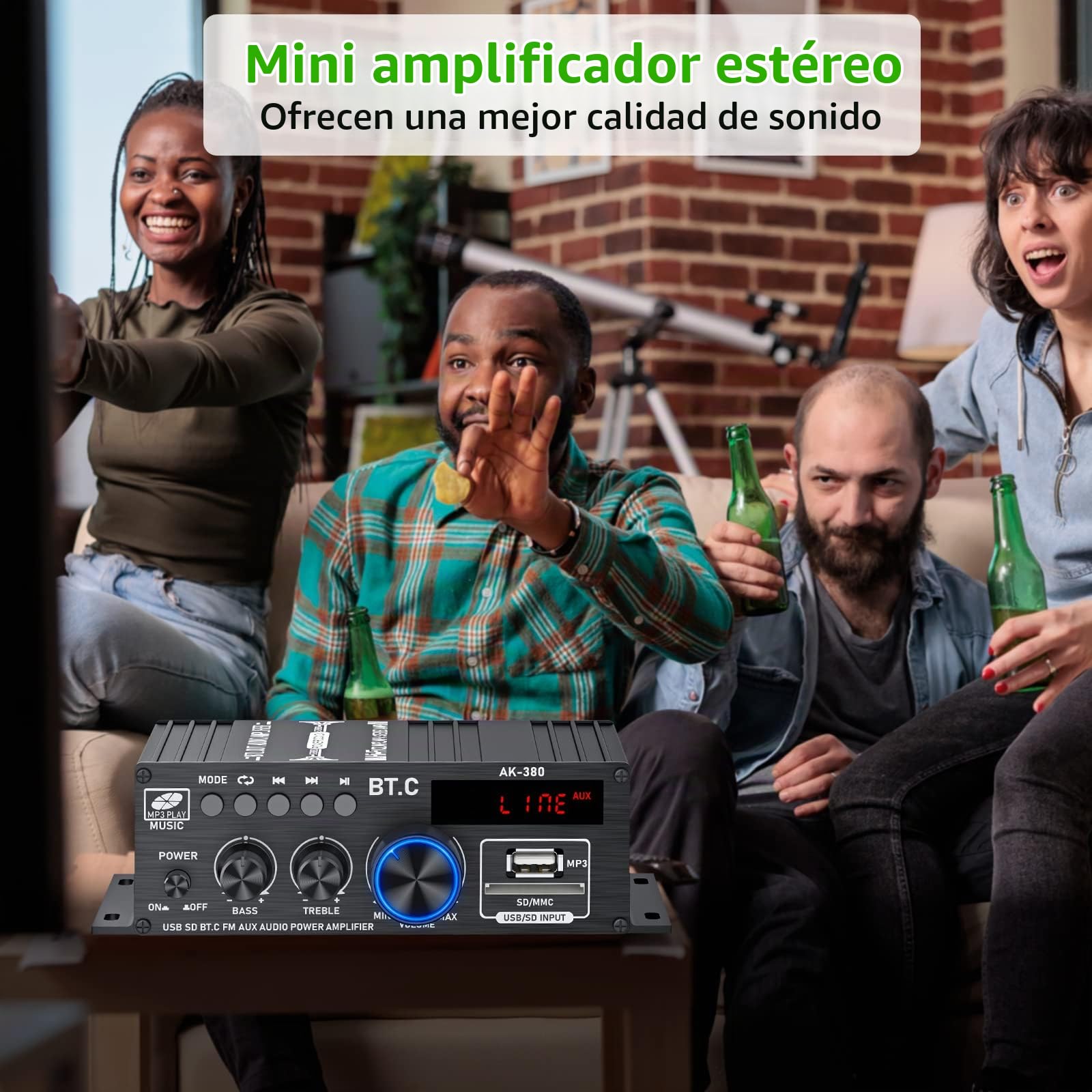 Mini Amplicador Bluetooth Audio 40W+40W con Fuente de Alimentación Mini Amplicador Receptor Digital con Control Remoto Amplicador Potencia 2CH Pantalla LCD Control Graves Agudos para Hogar Automóvil