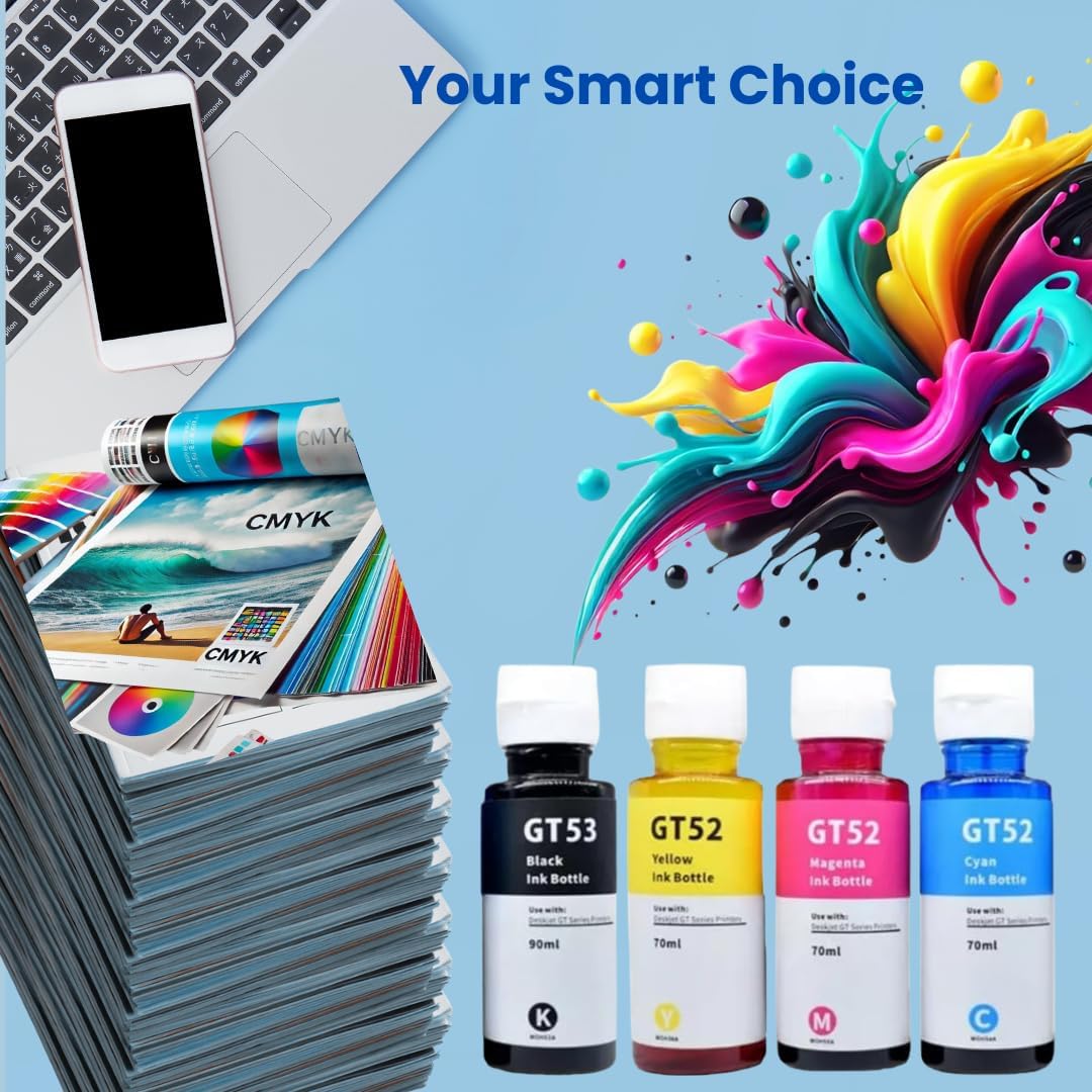 4-Pack Compatible Ink Bottles for HP GT52 & GT53 – High-Yield Refill Ink for HP Smart Tank 500 Series, DeskJet GT 5810 & 5820 – Cyan, Magenta, Yellow, Black