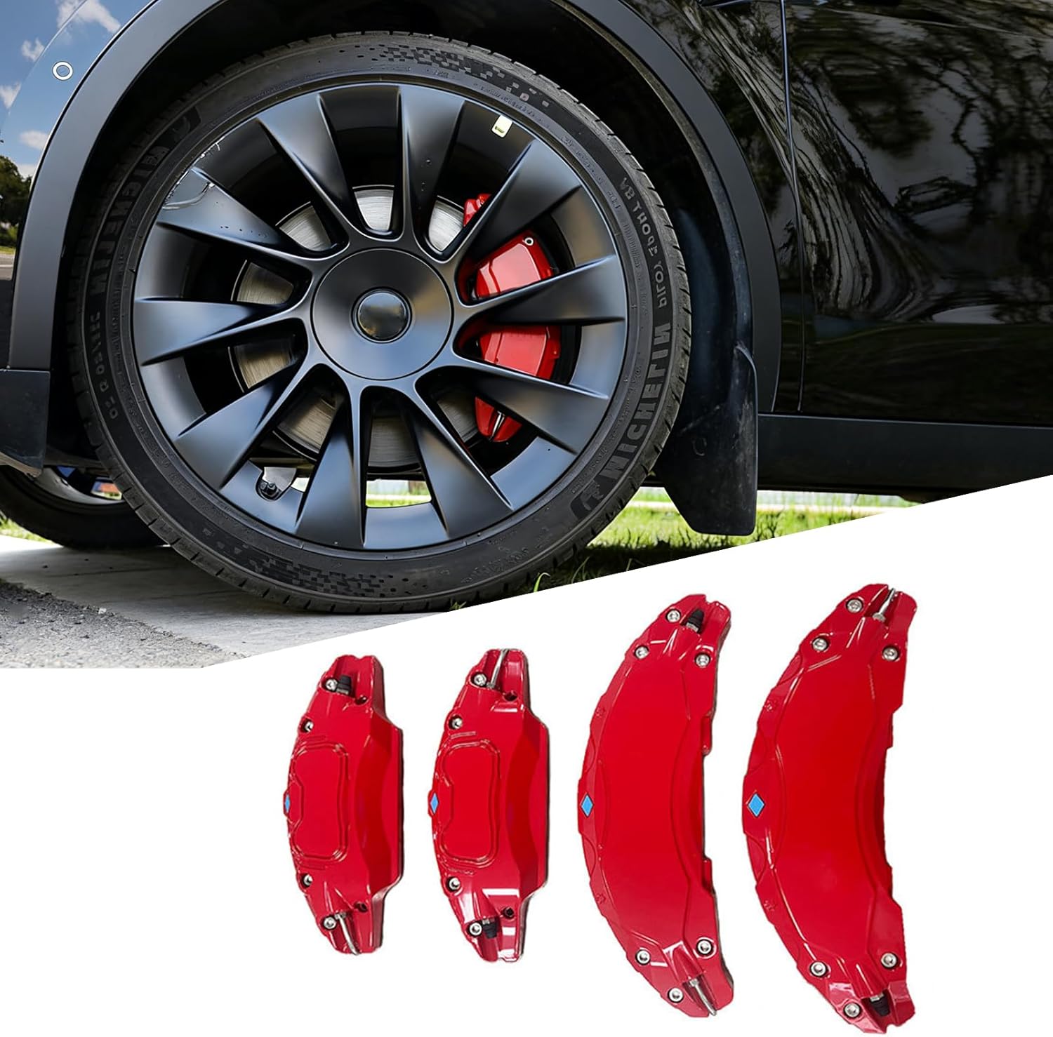4PCS Red Brake Caliper Covers for 2025 2026 Tesla Model Y Juniper Aluminum Alloy 19 20 Inch Wheel Hub Front and Rear Brake Caliper Covers Brake Guards Decoration Kit for Model Y Juniper Accessories