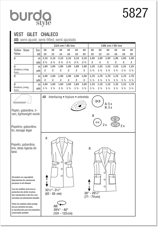 Burda Style X05827BURDA Misses' Long Lapel Vest Sewing Pattern Packet, Design Code B5827, Sizes 10-20 (36-46)