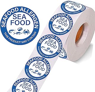 600 PCS 1.5 Inch Seafood Allergen Roll Stickers, White and Blue Seafood Allergy Warning Round Labels Self-Adhesive Allergen Food Alert Advisory Labels Stickers for Food Packing Grocery Store Retail