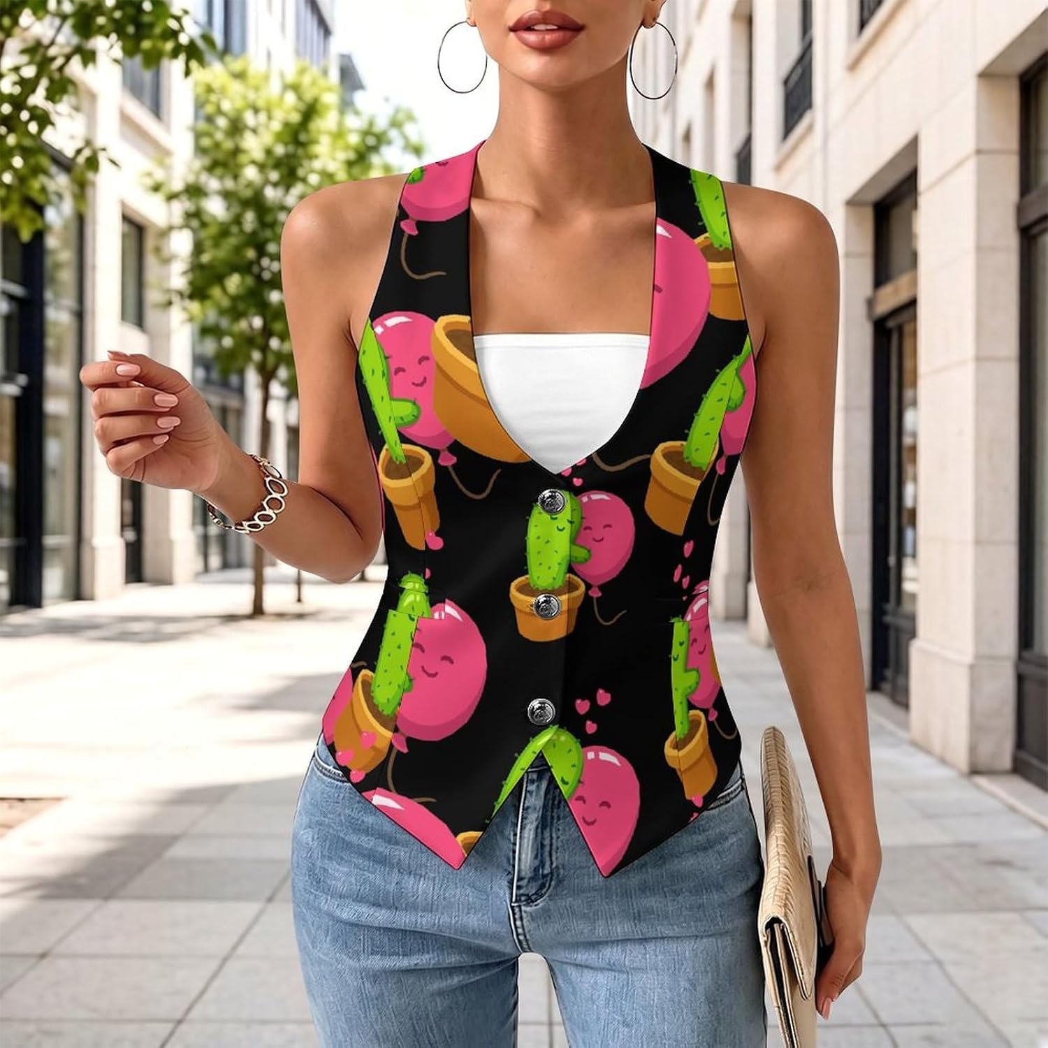 Cute Cactus And Balloon Hug Women's Suit Vest V Neck Button Down Waistcoat Jacket Business Casual Tops