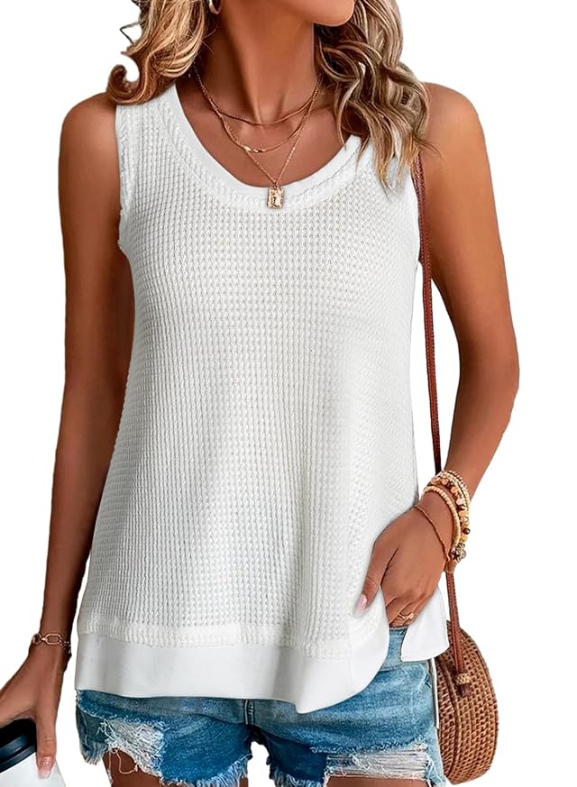 BLENCOT Womens Tops Waffle Knit Summer Tank Tops Casual Scoop Neck Sleeveless Loose Tunic Shirts