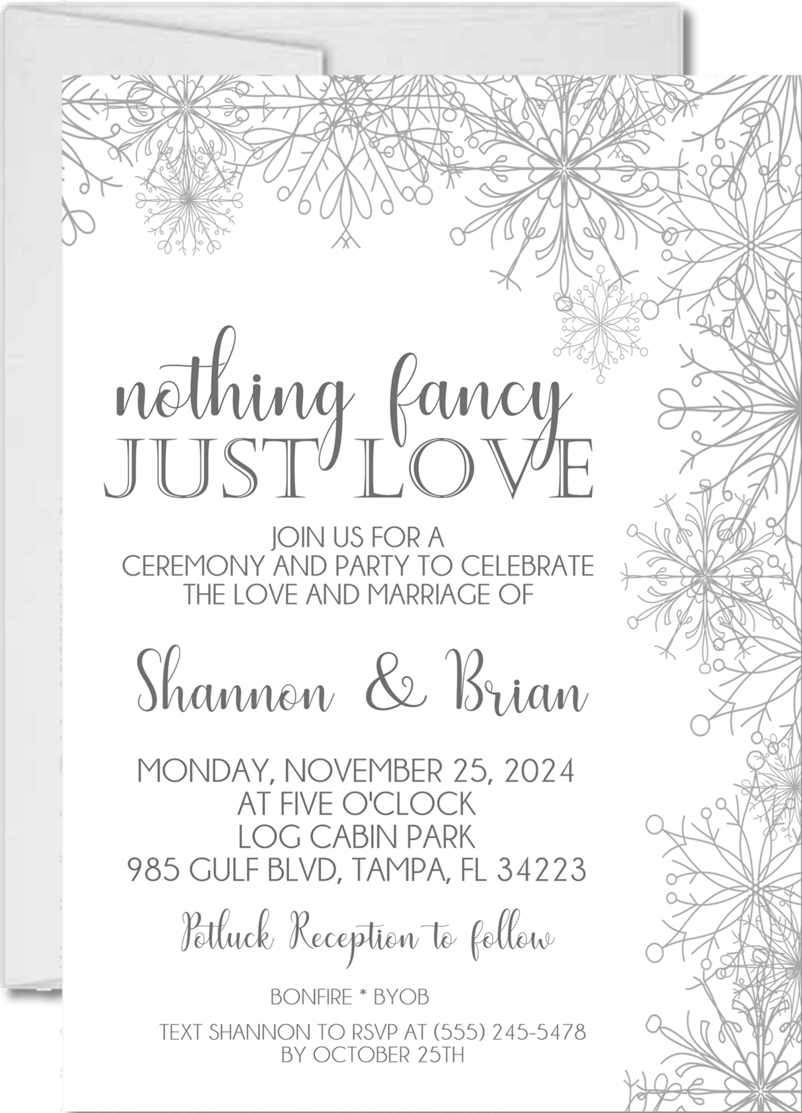 Winter Snowflake Wedding Invitations, Boho Winter, Personalized, Set of 12 Invitations with Envelopes