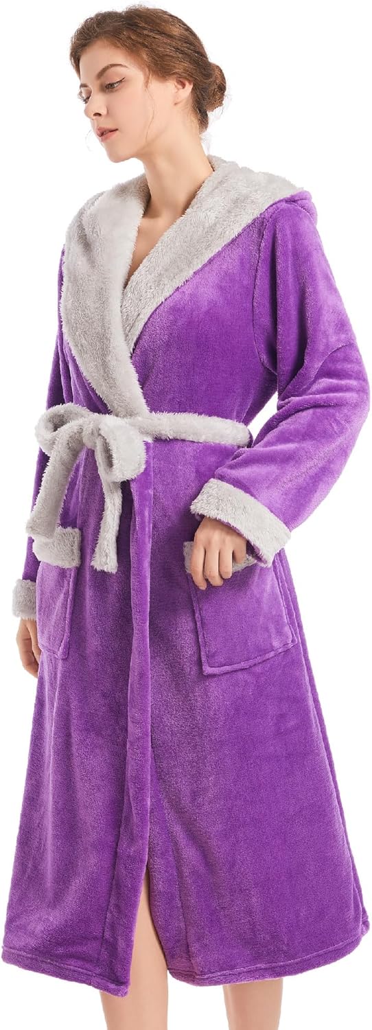 Inner Wish Women Hooded Plush Robe, Fleece Cozy Warm Bathrobe - Image 2
