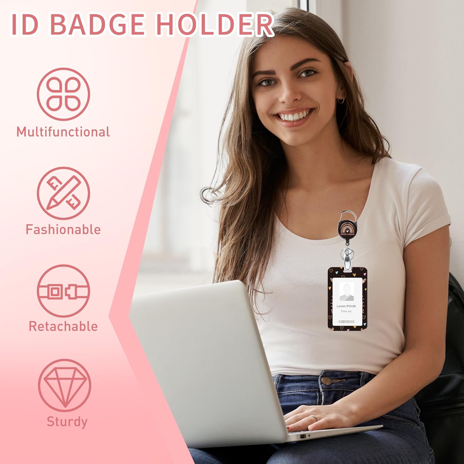 Badge Holder with Lanyard and Retractable Reel Clip, Rainbow Heart Design Social Worker ID Holder Set, Fun Gifts for Social Workers - Image 5