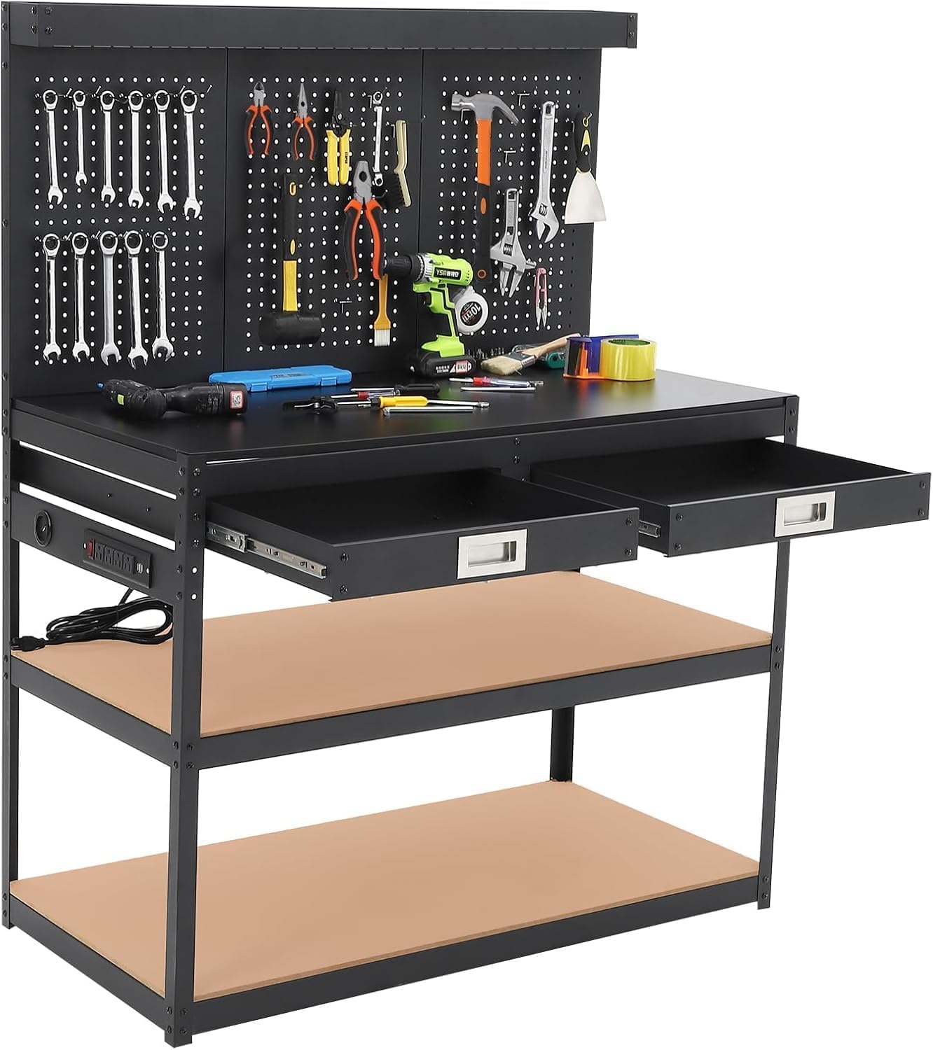 Workbench with Drawers,48'' Work Table for Garage & Workshop - 1000lbs Capacity, 2 Drawers & Pegboard, 0.48" Hardwood Top, 4 AC Outlets, Metal Tool Bench