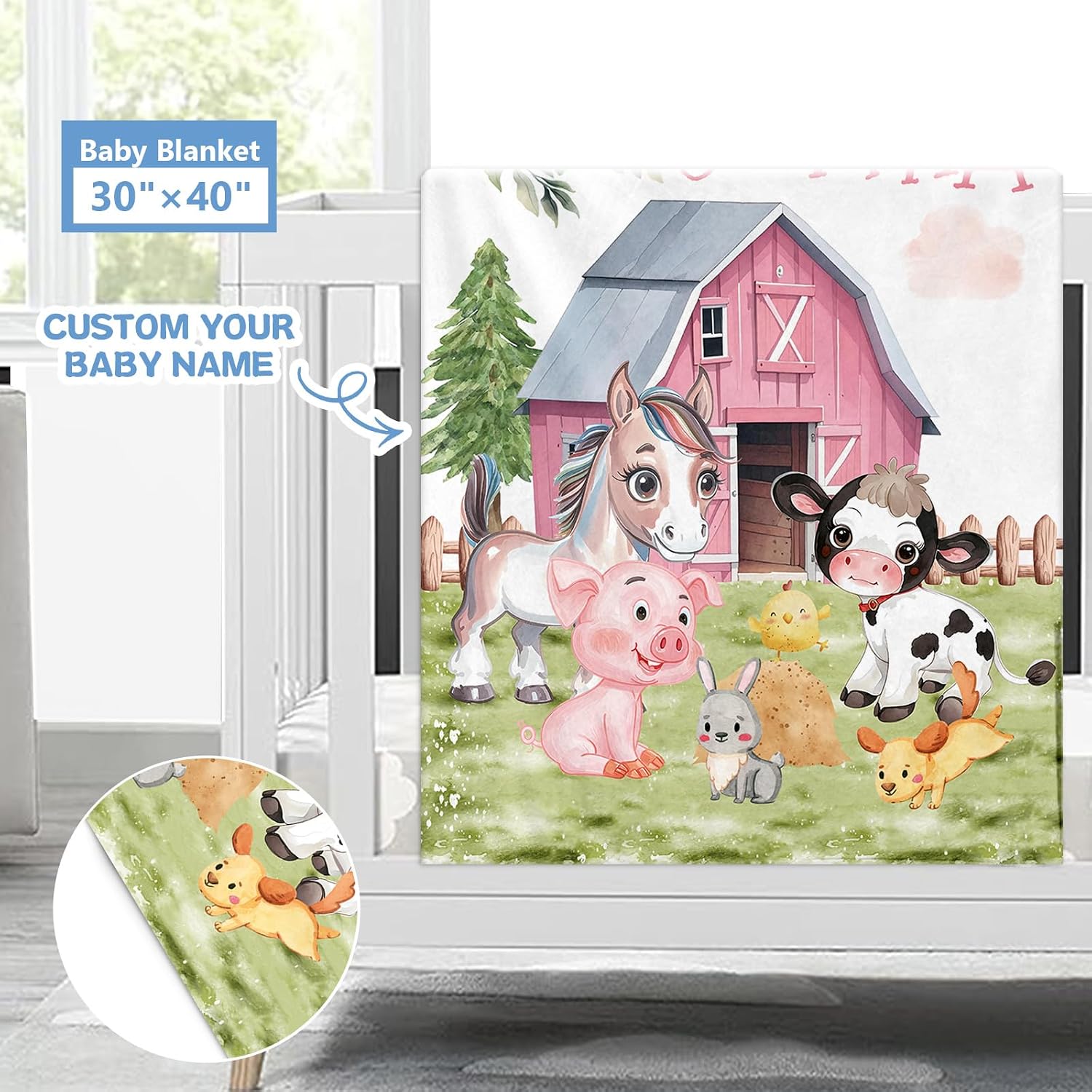 KAINSY Custom Crib Bedding Set - 3 Pcs Personalized Baby Crib Set With Baby Name, Farm Animals Theme, Nursery Bedding Set For Girls, Customized Gifts For Kids